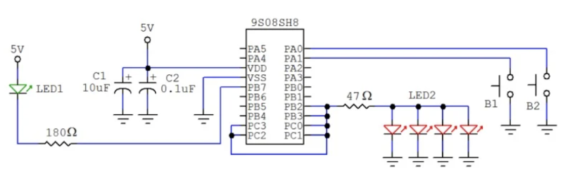 NXP 的 9S08SH8 微控制器的 GPIO 應用。沒有外部振蕩器